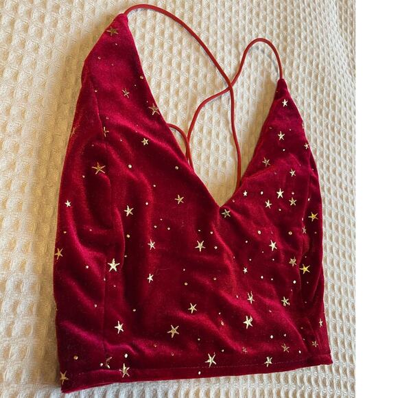 Romwe Red Velvet Celestial Gold Star Corset Back Spaghetti Strap Crop Top Med - Picture 2 of 7